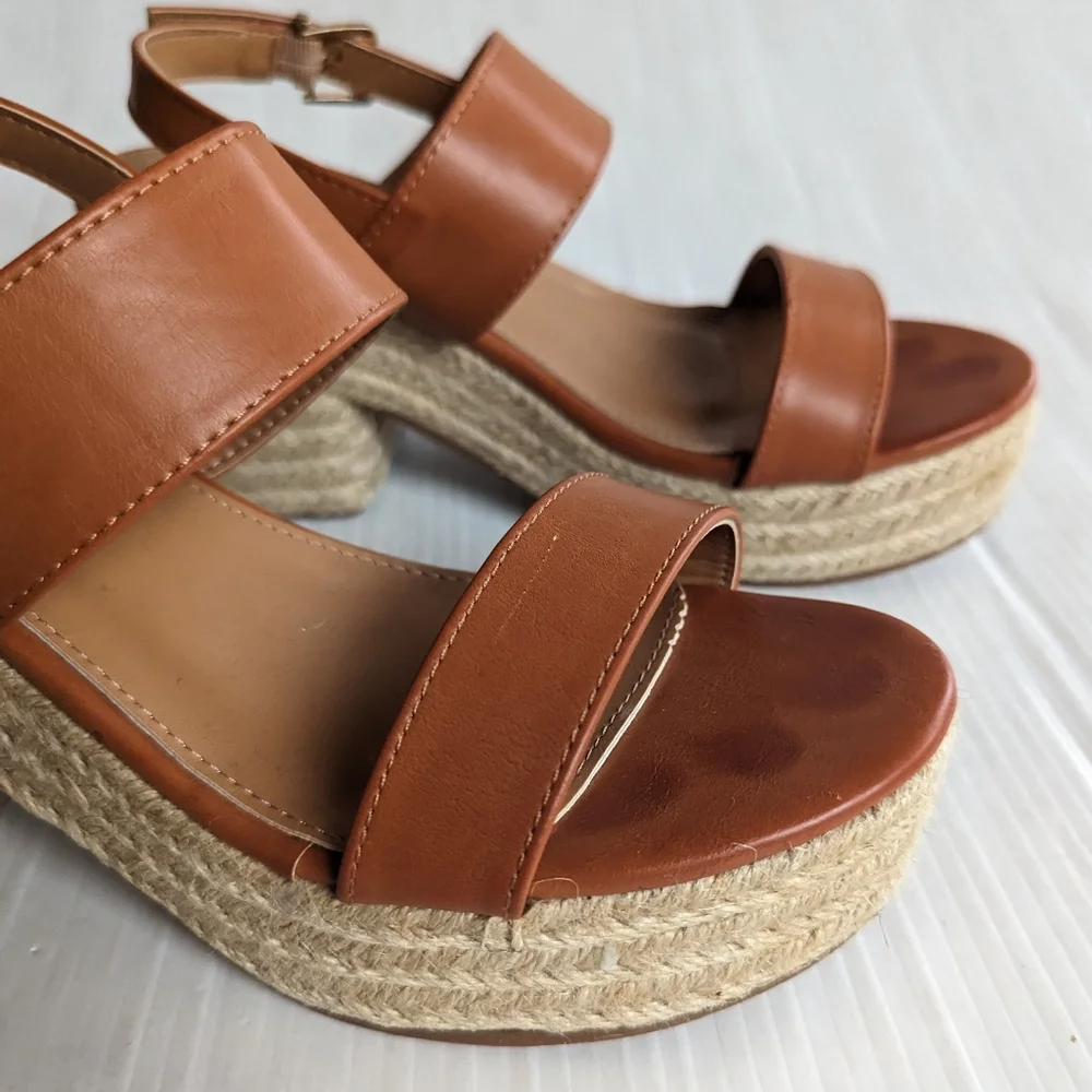 LOLITA brown faux leather strappy sandals with chunky espadrille platform sole